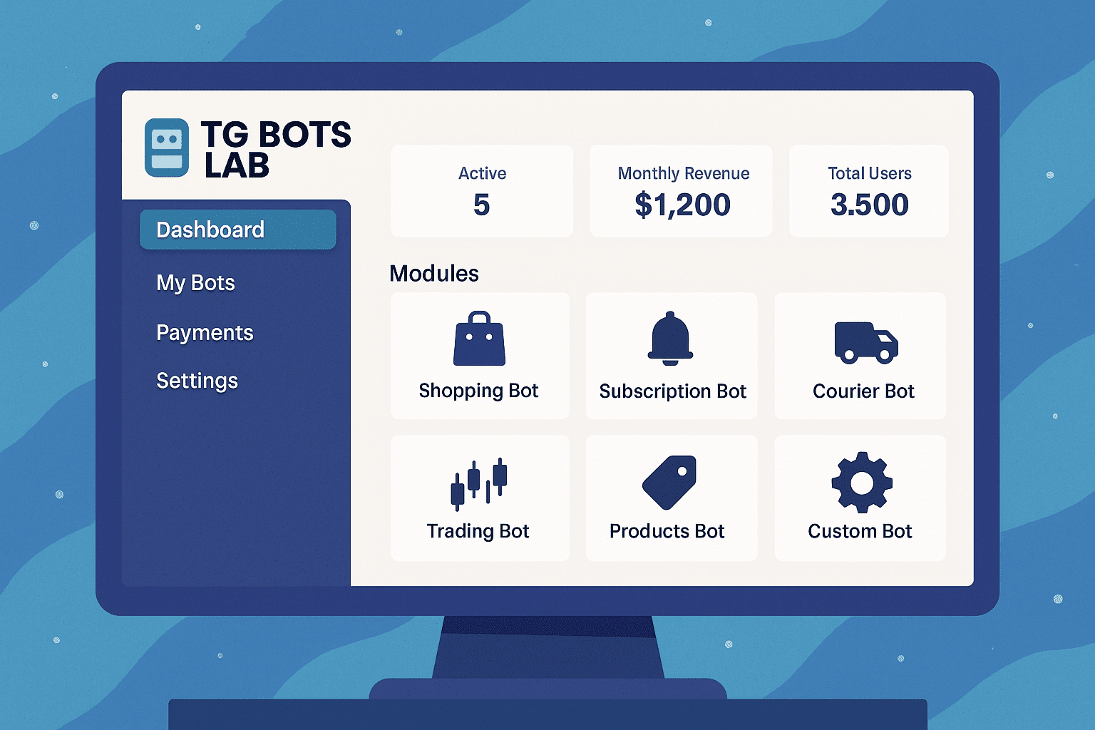 TG Bots Lab bot control dashboard